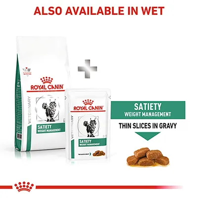 Dry and wet food packaging shown with text: 'Satiety Weight Management, thin slices in gravy'. Also available in wet format.