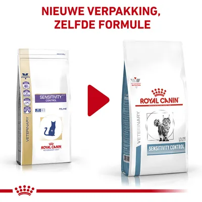 Royal Canin Sensitivity Control kattenvoer: oude en nieuwe verpakking naast elkaar. Tekst bovenaan: 'Nieuwe verpakking, zelfde formule'.