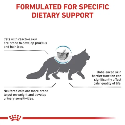 FORMULATED FOR SPECIFIC DIETARY SUPPORT. Cats with reactive skin are prone to develop pruritus and hair loss. Neutered cats are more prone to put on weight and develop urinary sensitivities. Unbalanced skin barrier function can significantly affect cats’ quality of life. (Text på engelska)