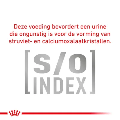 Deze voeding bevordert een urine die ongunstig is voor de vorming van struviet- en calciumoxalaatkristallen. s/o INDEX