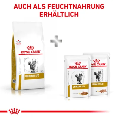 Royal Canin Urinary S/O pour chat, croquettes et sachets. Texte en allemand : AUCH ALS FEUCHTNAHRUNG ERHÄLTLICH.
