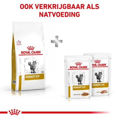 Royal Canin Urinary S/O kattenvoer, droog- en natvoeding verpakkingen zichtbaar. Tekst: 'Ook verkrijgbaar als natvoeding'.