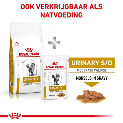 Royal Canin Urinary S/O Moderate Calorie kattenvoer, droog- en natvoeding. Tekst: ook verkrijgbaar als natvoeding, morsels in gravy.