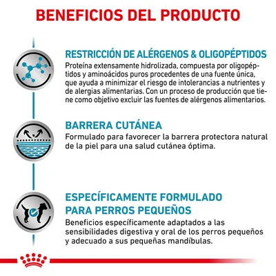 Beneficios del producto: restricción de alérgenos y oligopéptidos, barrera cutánea, específicamente formulado para perros pequeños. Texto en español.