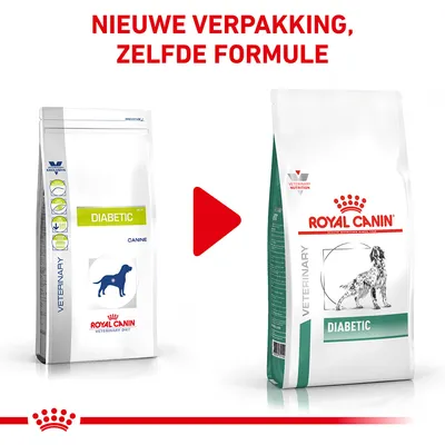 Royal Canin Diabetic hondenvoer: oude en nieuwe verpakking naast elkaar. Bovenaan staat: 'Nieuwe verpakking, zelfde formule'.