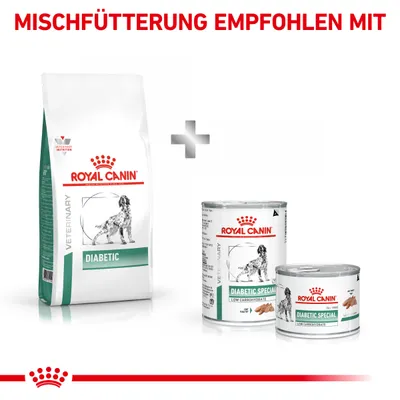 Royal Canin Diabetic Trockenfutter und Nassfutter. Mischfütterung empfohlen laut Bildtext.