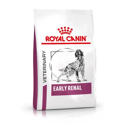 Royal Canin Veterinary Early Renal, image of a dog on the front of the bag. Text: VETERINARY, EARLY RENAL.