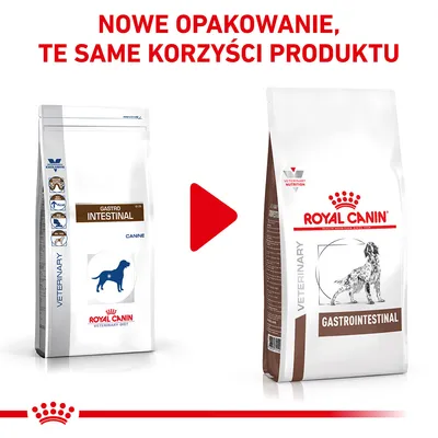 Nowe opakowanie karmy Royal Canin Gastrointestinal dla psów. Napis: Nowe opakowanie, te same korzyści produktu.
