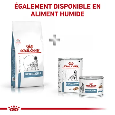 Royal Canin Hypoallergenic croquettes et boîtes pour chien, texte visible : ÉGALEMENT DISPONIBLE EN ALIMENT HUMIDE. Emballages avec illustration de chien.