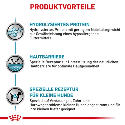 Produktvorteile: Hydrolysiertes Protein für hypoallergenes Futter, Hautbarriere zur Unterstützung der Hautgesundheit, spezielle Rezeptur für kleine Hunde mit Verdauungs-, Zahn- und Harnwegsproblemen.