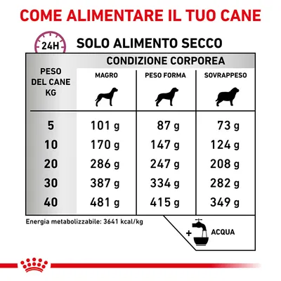 Tabella consigli alimentari per cani: peso 5–40 kg, quantità giornaliera in grammi per magro, peso forma e sovrappeso. Energia metabolizzabile 3641 kcal/kg. Acqua sempre disponibile.
