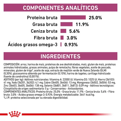 Componentes analíticos: proteína bruta 25 %, grasa bruta 11,9 %, ceniza bruta 5,6 %, fibra bruta 3 %, ácidos grasos omega-3 0,93 %. Ingredientes y aditivos detallados en texto.