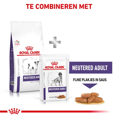 Royal Canin Veterinary Neutered Adult hondenvoer, zak en pouch. Tekst: TE COMBINEREN MET, NEUTERED ADULT, FIJNE PLAKJES IN SAUS. Afbeelding van voer in saus zichtbaar.