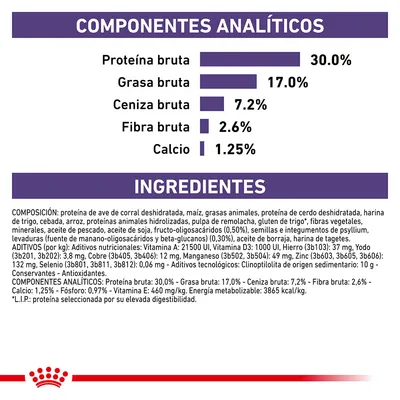 Análisis nutricional: proteína bruta 30 %, grasa bruta 17 %, ceniza bruta 7,2 %, fibra bruta 2,6 %, calcio 1,25 %. Ingredientes y aditivos detallados para alimento de mascotas.