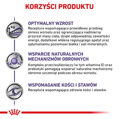 Korzyści produktu: optymalny wzrost, wsparcie naturalnych mechanizmów obronnych, wspomaganie kości i stawów. Szczegóły dotyczące składu i działania widoczne na obrazie.