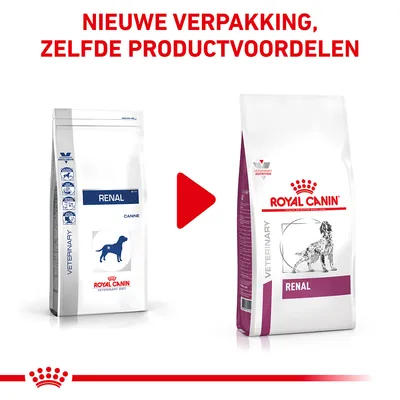 Royal Canin Renal hondenvoer: oude en nieuwe verpakking naast elkaar. Tekst bovenaan: 'Nieuwe verpakking, zelfde productvoordelen'.