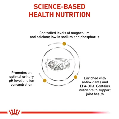 Science-based health nutrition with controlled magnesium and calcium, low sodium and phosphorus, promotes optimal urinary pH, enriched with antioxidants and EPA-DHA for joint health.