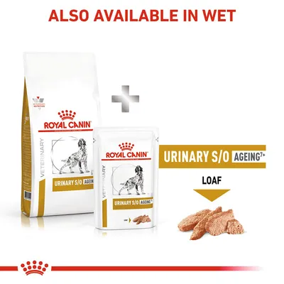 Urinary S/O Ageing 7+ available in dry and wet loaf forms. Image shows packaging for both types with text: 'Also available in wet', 'Loaf'.