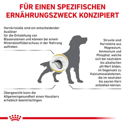 Grafik: Ernährung für spezifischen Zweck. Harnkristalle können Blasensteine verursachen. Struvit-Harnsteine entstehen bei neutralem pH-Wert. Übergewicht beeinträchtigt Haustiergesundheit.