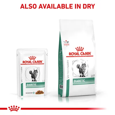 Royal Canin Veterinary Diabetic food shown in wet and dry packaging, with text stating also available in dry.