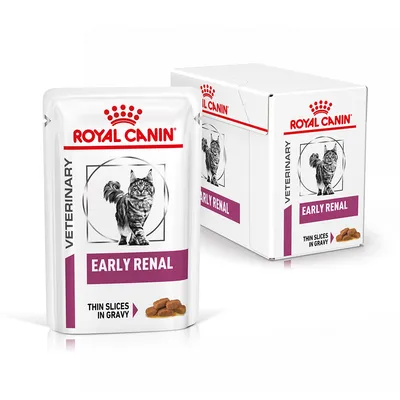 Royal Canin Veterinary Early Renal, bustina e confezione con immagine di gatto, scritte: EARLY RENAL, THIN SLICES IN GRAVY.
