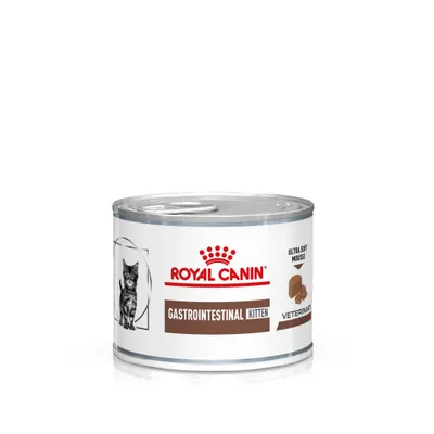 Boîte Royal Canin Gastrointestinal Kitten, texte visible : Ultra Soft Mousse, Veterinary. Illustration de chaton et image de mousse sur l’étiquette.