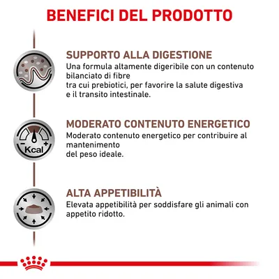 Benefici del prodotto: supporto alla digestione, moderato contenuto energetico, alta appetibilità. Testo descrittivo su digeribilità, energia e appetito visibile nell'immagine.