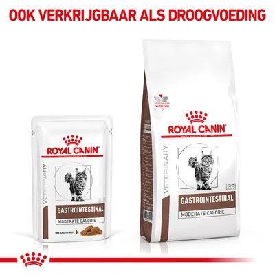 Royal Canin Gastrointestinal Moderate Calorie kattenvoer, nat- en droogvoeding verpakkingen zichtbaar. Tekst boven: 'Ook verkrijgbaar als droogvoeding'.