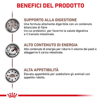 Benefici del prodotto: supporto alla digestione, alto contenuto di energia, alta appetibilità. Testi esplicativi su digeribilità, riduzione volume pasti e appetibilità per animali.