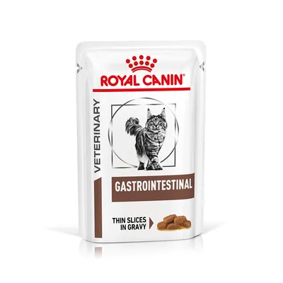 Royal Canin Veterinary Gastrointestinal, fatias finas em molho. Embalagem com imagem de gato e pedaços de comida. Texto em inglês: Thin slices in gravy.