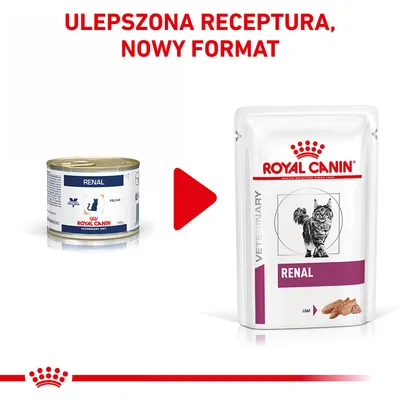 Royal Canin Renal – ulepszona receptura, nowy format. Zmiana opakowania z puszki na saszetkę dla kotów. Widoczne oba opakowania oraz napis: Ulepszona receptura, nowy format.