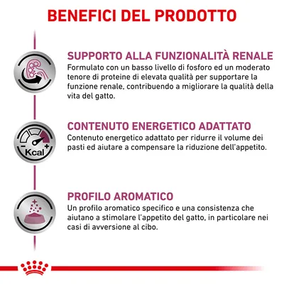 BENEFICI DEL PRODOTTO: supporto alla funzionalità renale, contenuto energetico adattato, profilo aromatico. Testo in italiano con dettagli su ciascun beneficio per gatti.