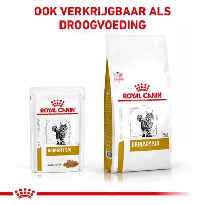 Royal Canin Urinary S/O kattenvoer, nat- en droogvoeding verpakkingen. Tekst: 'Ook verkrijgbaar als droogvoeding'.