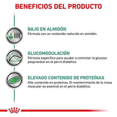 Beneficios del producto: bajo en almidón, glucomodulación y elevado contenido de proteínas. Fórmula para controlar glucosa y mantener masa muscular en perros diabéticos.