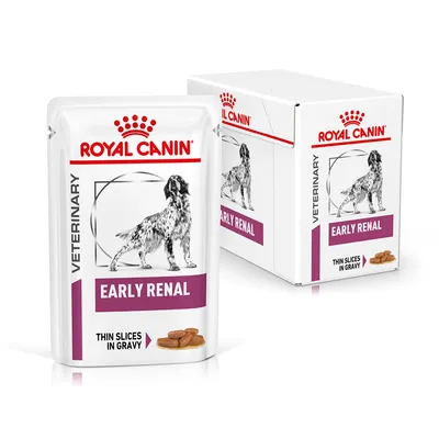 ROYAL CANIN VETERINARY EARLY RENAL thin slices in gravy pouch and box, dog illustration on packaging, purple label visible