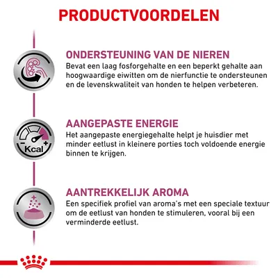 Productvoordelen: ondersteuning van de nieren, aangepaste energie, aantrekkelijk aroma. Uitleg over fosforgehalte, energie-inname en stimulering eetlust bij honden zichtbaar.