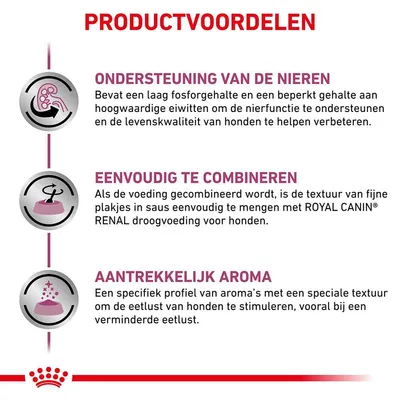 Productvoordelen: ondersteuning van de nieren, eenvoudig te combineren met ROYAL CANIN RENAL droogvoeding, aantrekkelijk aroma om eetlust bij honden te stimuleren.
