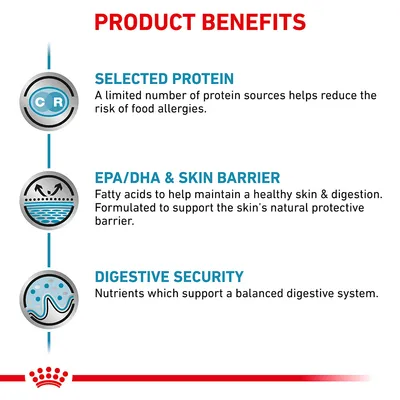 PRODUCT BENEFITS: SELECTED PROTEIN, EPA/DHA & SKIN BARRIER, DIGESTIVE SECURITY. A leírás angol nyelvű, részletezi a fehérje, zsírsavak és emésztés támogatását.