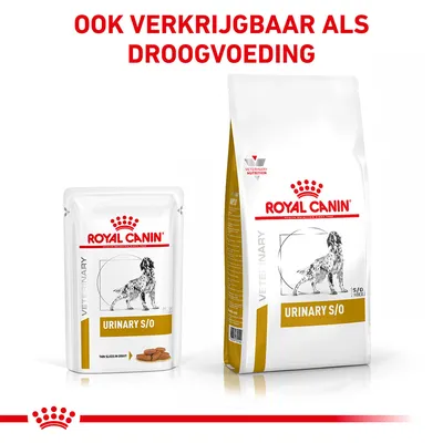 Royal Canin Urinary S/O nat- en droogvoeding voor honden, verpakking met hondafbeelding. Tekst: Ook verkrijgbaar als droogvoeding.