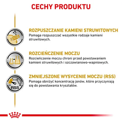 Cechy produktu: rozpuszczanie kamieni struwitowych, rozcieńczenie moczu, zmniejszone wysycenie moczu (RSS). Opisy dotyczą ochrony przed kamieniami i obniżenia koncentracji jonów.