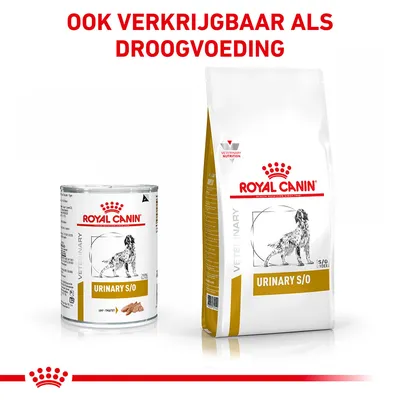 Royal Canin Urinary S/O natvoer en droogvoer voor honden, tekst: 'Ook verkrijgbaar als droogvoeding'. Beide verpakkingen tonen een hond en het merk Royal Canin.
