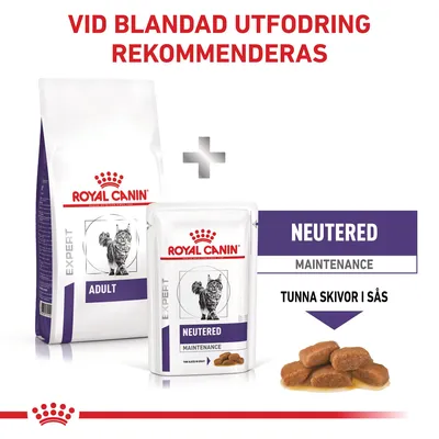 Royal Canin Expert Adult torrfoder och Neutered Maintenance våtfoder för katt. Text: Vid blandad utfodring rekommenderas, tunna skivor i sås.