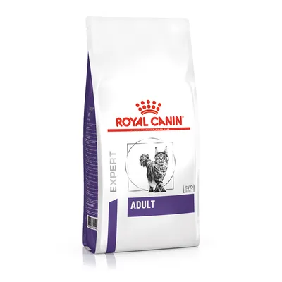 Royal Canin EXPERT ADULT kattefoder, hvid pose med billede af kat og lilla mærkat. Teksten S/O INDEX synlig på forsiden.