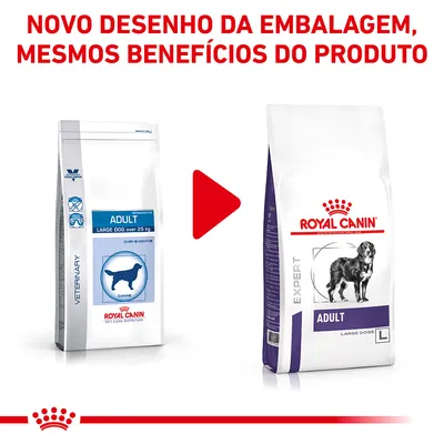 Novo desenho da embalagem Royal Canin Adult Large Dogs. Imagem mostra a transição entre a embalagem antiga e a nova, mantendo os mesmos benefícios do produto.
