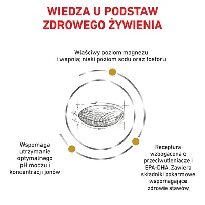 Wiedza u podstaw zdrowego żywienia. Właściwy poziom magnezu i wapnia, niski poziom sodu i fosforu. Wspomaga pH moczu, receptura z przeciwutleniaczami i EPA-DHA dla zdrowia stawów.