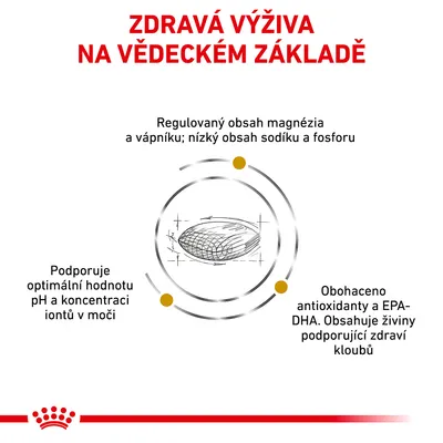 ZDRAVÁ VÝŽIVA NA VĚDECKÉM ZÁKLADĚ. Regulovaný obsah magnézia a vápníku, nízký obsah sodíku a fosforu, podpora pH moči, antioxidanty a EPA-DHA pro zdraví kloubů.