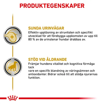 PRODUKTEGENSKAPER: SUNDA URINVÄGAR – effektiv upplösning av struvitsten, förebygger upp till 80 % urinstenar. STÖD VID ÅLDRANDE – främjar vitalitet och kognitiv förmåga, stödjer njurfunktion.