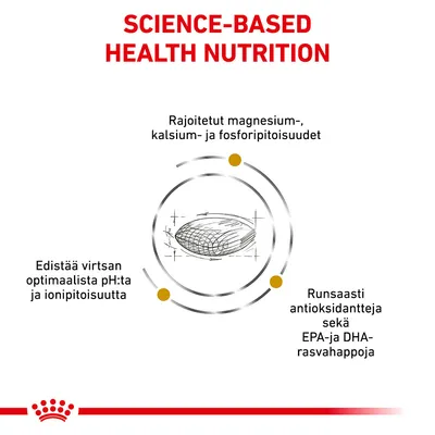SCIENCE-BASED HEALTH NUTRITION. Rajoitetut magnesium-, kalsium- ja fosforipitoisuudet. Edistää virtsan optimaalista pH:ta ja ionipitoisuutta. Runsaasti antioksidantteja sekä EPA- ja DHA-rasvahappoja.