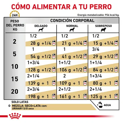 Tabla de alimentación para perros según peso (2–20 kg) y condición corporal (delgado, normal, sobrepeso), con cantidades diarias en gramos y latas. Energía: 956 kcal/kg.