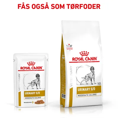 Royal Canin Urinary S/O Moderate Calorie vådfoder og tørfoder til hund, tekst: Fås også som tørfoder. Veterinær ernæring synligt på emballagen.